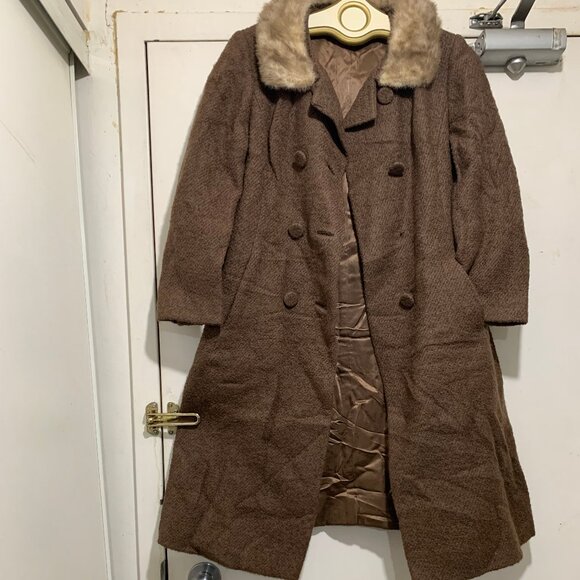 VINTAGE UNION LABEL REAL FUR COLLAR WOOL TRENCH COATS SIZE S - Picture 12 of 13